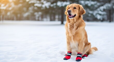 Golden Retriever dog sitting in bright snowy winter forest wearing red booties for winter pet care concept and outdoor adventure with copy space
