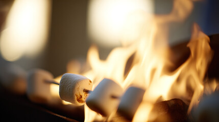 caramelized. Roasting marshmallows over a glowing fire in an outdoor grill, evoking warm and cozy evening gatherings. lifestyle magazines.
