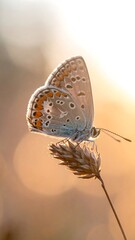 Butterfly illuminated by sunset, perched on a delicate blade of grass