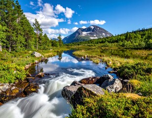 Scenic mountain range, verdant trees, reflective lake, clear blue sky, flowing water