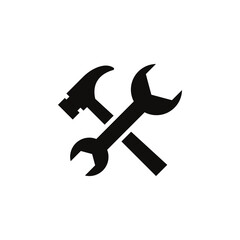 A simple black and white icon depicting a hammer and wrench crossed, symbolizing tools, repair, maintenance, construction, and DIY projects. Perfect for websites, apps, and service branding.
