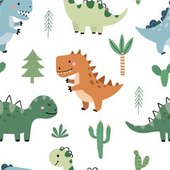 Cute Dinosaur Seamless Pattern for Kids. Playful Cartoon Dinosaur Background with Trees and Cactus. Vector illustration