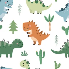 Cute Dinosaur Seamless Pattern for Kids. Playful Cartoon Dinosaur Background with Trees and Cactus. Vector illustration © jintana