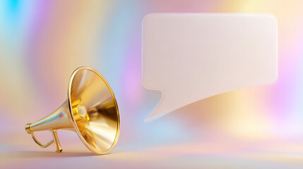megaphone. Vintage brass megaphone with a speech bubble against a soft pastel background, evoking retro communication themes. event programs.
