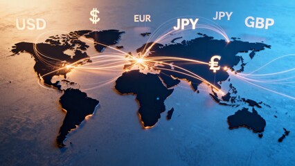Global Financial Network with Currency Symbols on World Map