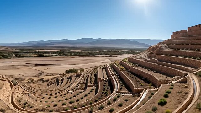 Terraced landscape with adobe structures against a bright blue sky and distant mountains