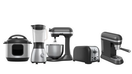 Collection of modern kitchen appliances in metallic style isolated on white background, household cooking equipment essentials