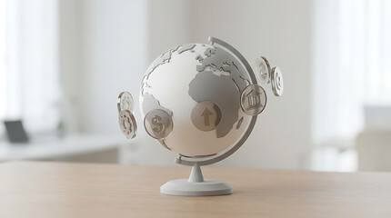 A white globe with floating currency symbols and arrows on a wooden table, representing global finance and economic concepts.