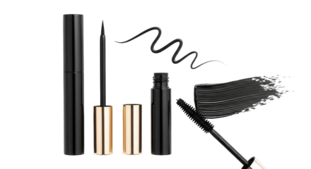 Black mascara and liquid eyeliner displayed next to thick strokes and thin swatches of the black products on a neutral white background