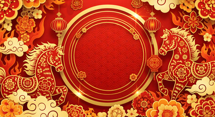Festive Lunar New Year Illustration with Elegant Red and Gold Design, Decorative Horses, and Cultural Elements