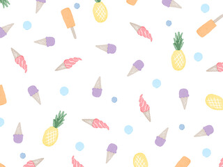 白背景に手描き夏のイラストパターン。水彩のアイスクリームとソフトクリームとパイナップル。おやつやデザートのコンセプト