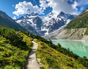 Scenic mountain range with a glacial lake and a pathway leading through verdant vegetation