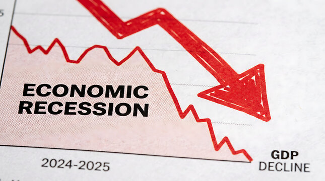 Graph illustrating economic recession and GDP decline projected for 2024-2025 with a downward arrow. - Powered by Adobe