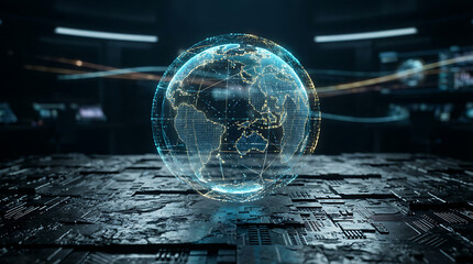 Futuristic holographic Earth projection on a dark circuit board surface with digital data streams.