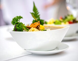 Close-up of elegant white bowl filled with gourmet soup