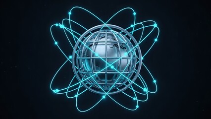 Stunning metallic globe surrounded by vibrant blue digital network orbits suggesting global connectivity and futuristic technology concepts