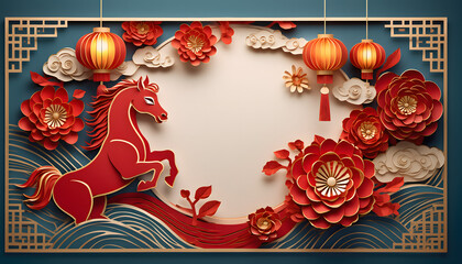 Festive Chinese New Year Greeting with a Majestic Red Horse and Vibrant Paper Flowers