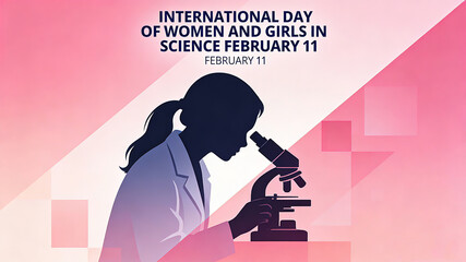 A silhouette of a female scientist paired with a microscope, promoting gender equality and encouraging women to participate in scientific research on Science Day.
