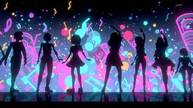 Animated characters move energetically on the stage, synchronized with flashing lights and bouncing shapes. Confetti spirals upward while stylized music bars pulse to the beat, party vibe.