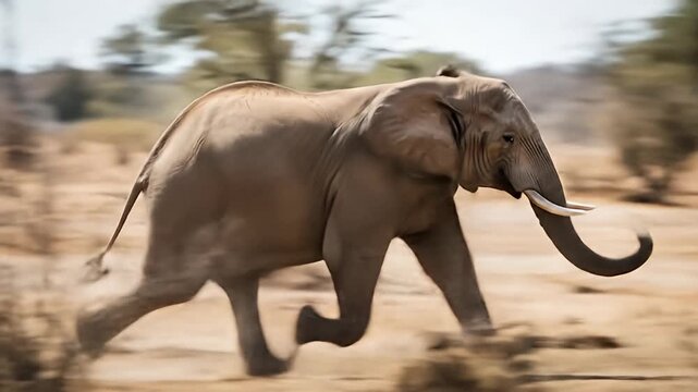 An elephant runs across a dry savannah, kicking up dust as it moves quickly forward