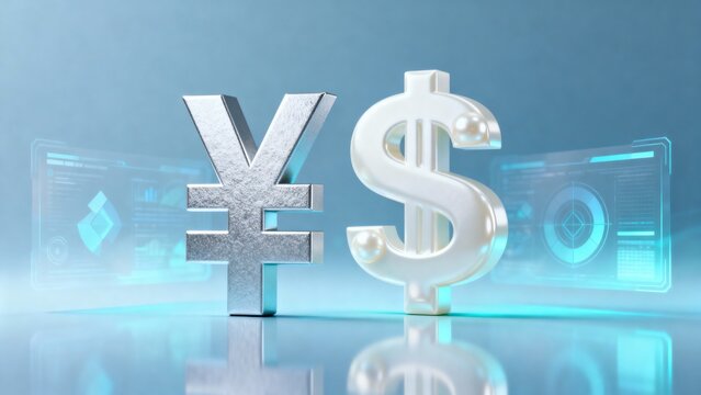 floating chrome currency symbols (USD, EUR, BTC, JPY) with intense neon blue&ndash;cyan rim lights