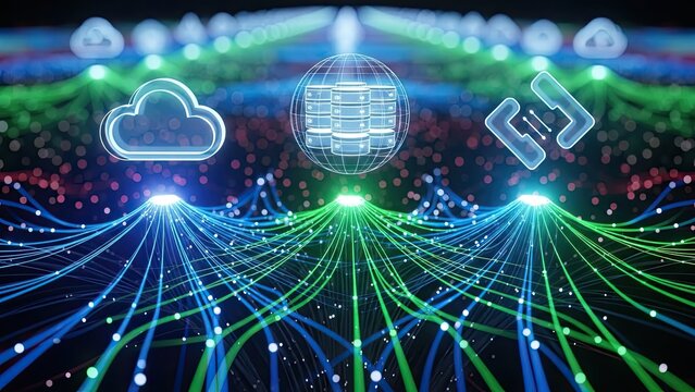 Dynamic digital network streams converge toward glowing cloud and database icons representing massive data transfer and connectivity - Powered by Adobe