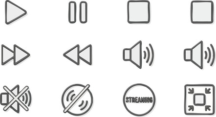 A collection of gray outline media player control icons on a white background, including play, pause, stop, volume, and fullscreen.