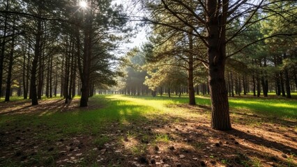 Naklejka premium Tranquil morning sunlight illuminates a serene forest path through tall evergreen trees, casting beautiful dappled light and long shadows on the vibrant green undergrowth