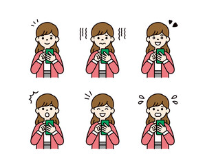 スマートフォンを操作する、様々な表情の20代・30代の女性のベクターイラスト素材セット＿カラー