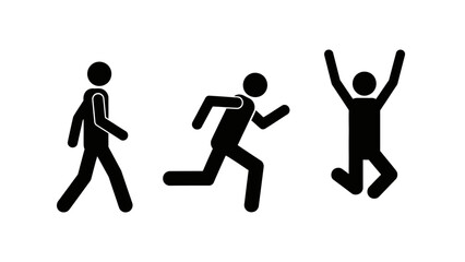 Stick Figure Icon Set: Walking, Running, and Jumping Pictograms Depicting Human Action and Movement