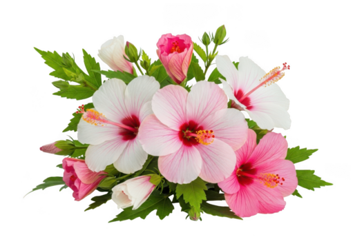 Pink and white hibiscus flowers bouquet isolated on transparent background - Powered by Adobe