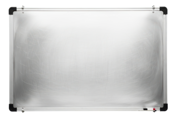 Blank white dry-erase board with aluminum frame and tray isolated on transparent background
