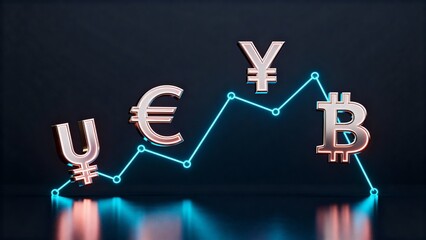 floating chrome currency symbols (USD, EUR, BTC, JPY) with intense neon blue–cyan rim lights