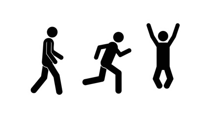 Stick Figure Icons Set: Walking, Running, and Cheering Action Pictograms