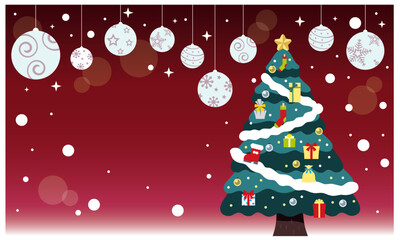 クリスマスのイラスト素材。赤い背景とオーナメント、クリスマスツリー