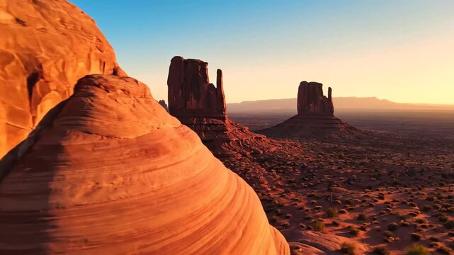 Aerial view of a sandstone rock formation with shadows and a distant mesa at sunset