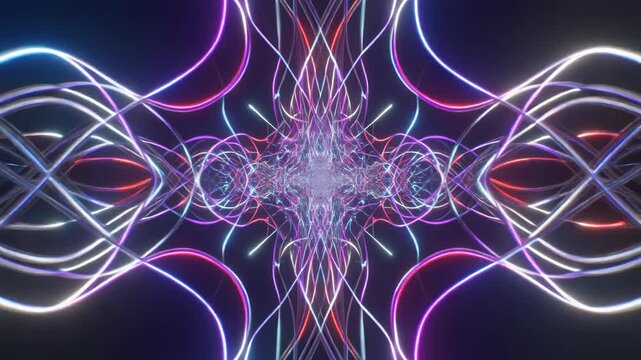 Intricate symmetrical pattern of glowing neon lines creating an abstract futuristic design with vibrant colors.