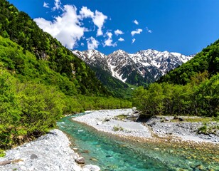 Scenic mountain range with a vibrant turquoise river flowing through a lush green valley