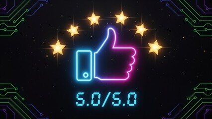 Neon thumbs up with stars and digital circuit background a positive rating