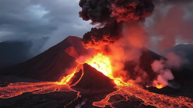 Fiery Volcano Eruption Spewing Lava and Ash Clouds into the Dramatic Evening Sky, Powerful Natural