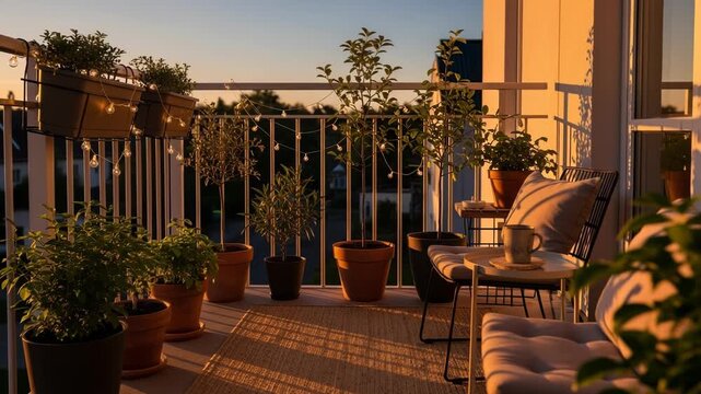 Cozy balcony garden with potted plant decoration and string light at sunset golden hour, 4k video