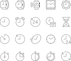 Time and clock line icons set. Editable stroke. Watch, timer, calendar, date, alarm, stopwatch, and timekeeping outline vector illustrations.