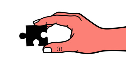 Cartoon illustration of a hand holding a single black puzzle piece, symbolizing finding the solution, problem solving, teamwork, or integration concept.