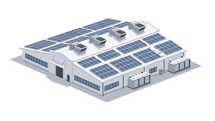 Isometric industrial building featuring blue solar panels rooftop HVAC units and external energy storage cabinets.