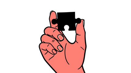 Hand Holding a Single Black Puzzle Piece in Pop Art Style Vector Illustration for Solution Finding or Problem Solving Concept