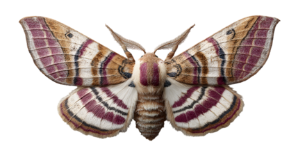 Detailed macro shot of a large moth with distinctive maroon and white striped wings isolated on white background