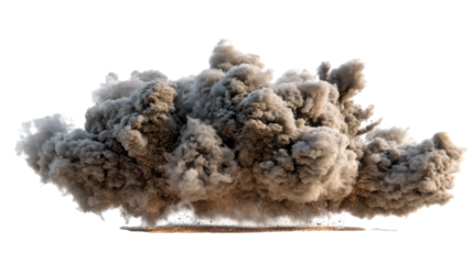 Explosion with dark smoke and dust cloud expanding upward. Dynamic blast impact effect on transparent background