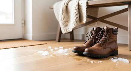Brown leather winter boots with melting snow on a hardwood floor by a home entrance bench for a cozy winter season concept
