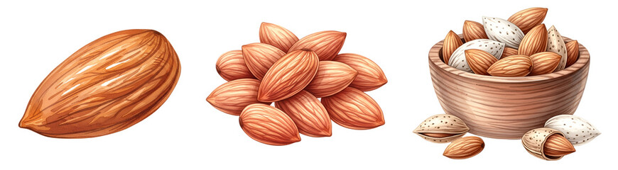 Illustration showing single almond, pile of almonds, and almonds in a wooden bowl on a plain area on transparent background
