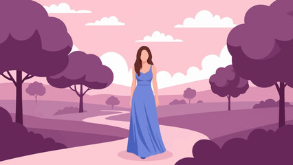 Elegant woman in a long blue dress standing on a winding path through a stylized purple and pink forest landscape